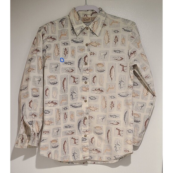 Vintage Woolrich Womens Cotton Shirt Ivory Brown Autumn Animals Leaves Size S - Picture 6 of 7